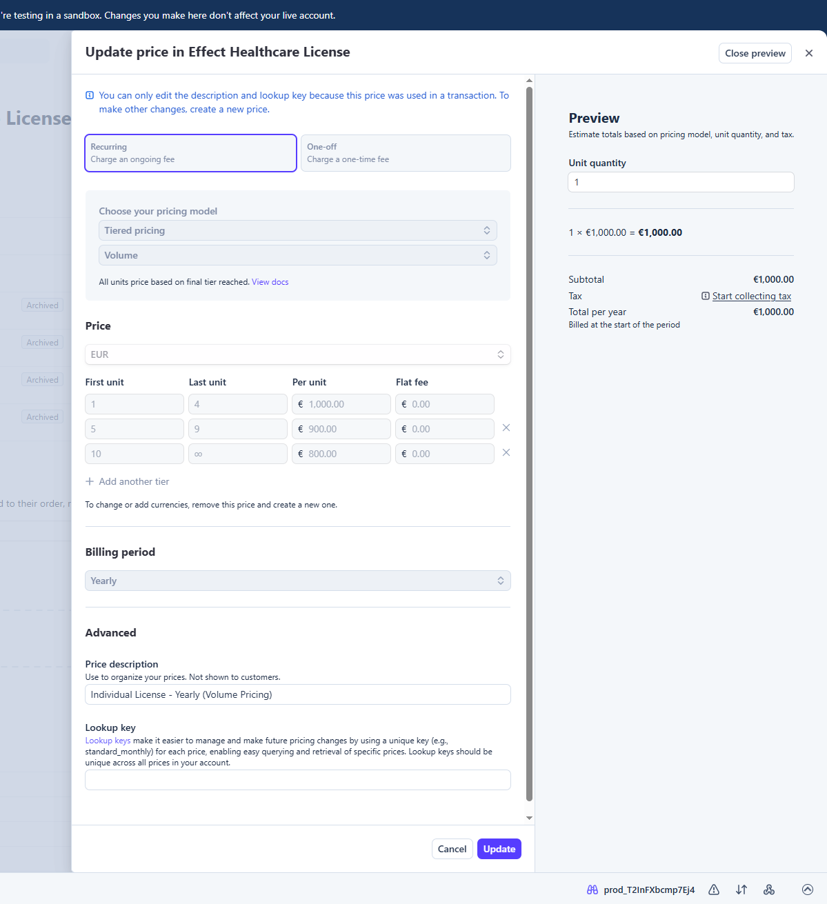 Stripe yearly price configuration screenshot